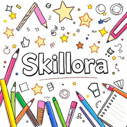 An illustration styled like a drawing created by a 7th grade student, featuring the title 'Skillora' prominently in the center with a bold, youthful font