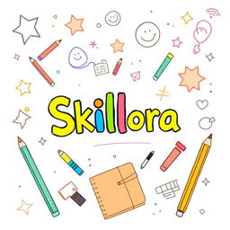An illustration styled like a drawing created by a 7th grade student, featuring the title 'Skillora' prominently in the center with a bold, youthful font