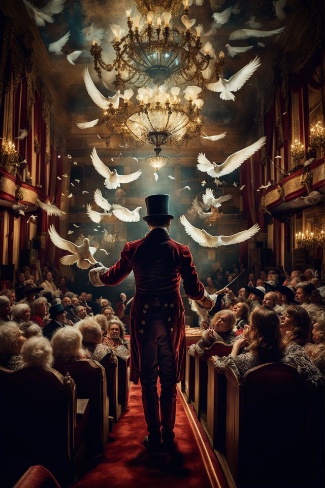 Wide-angle view of an 18th-century magician performing on stage in a grand theatre, releasing doves from his top hat to an awestruck audience under gaslight chandeliers