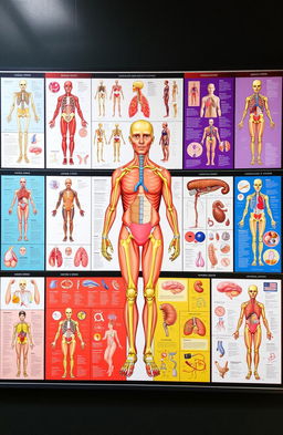 A comprehensive visual guide to human anatomy and physiology, featuring multiple detailed images showing various systems of the human body such as the skeletal system, muscular system, circulatory system, respiratory system, and nervous system