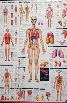 A comprehensive visual guide to human anatomy and physiology, featuring multiple detailed images showing various systems of the human body such as the skeletal system, muscular system, circulatory system, respiratory system, and nervous system