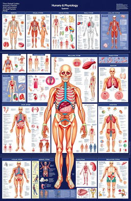 A comprehensive visual guide to human anatomy and physiology, featuring multiple detailed images showing various systems of the human body such as the skeletal system, muscular system, circulatory system, respiratory system, and nervous system