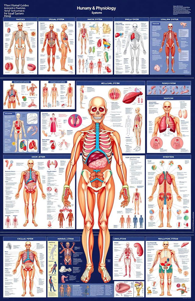 A comprehensive visual guide to human anatomy and physiology, featuring multiple detailed images showing various systems of the human body such as the skeletal system, muscular system, circulatory system, respiratory system, and nervous system