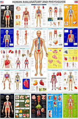A comprehensive visual guide to human anatomy and physiology, featuring multiple detailed images showing various systems of the human body such as the skeletal system, muscular system, circulatory system, respiratory system, and nervous system