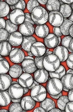 A colouring book page filled with a repeating pattern of detailed baseballs.