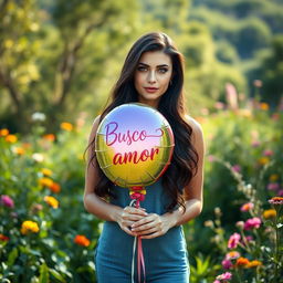 A 35-year-old woman standing in a full-body pose in a serene natural landscape, surrounded by lush greenery and vibrant flowers