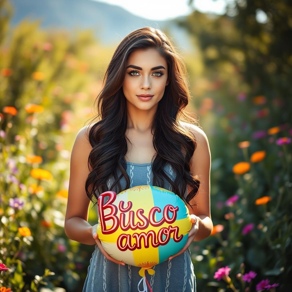 A 35-year-old woman standing in a full-body pose in a serene natural landscape, surrounded by lush greenery and vibrant flowers