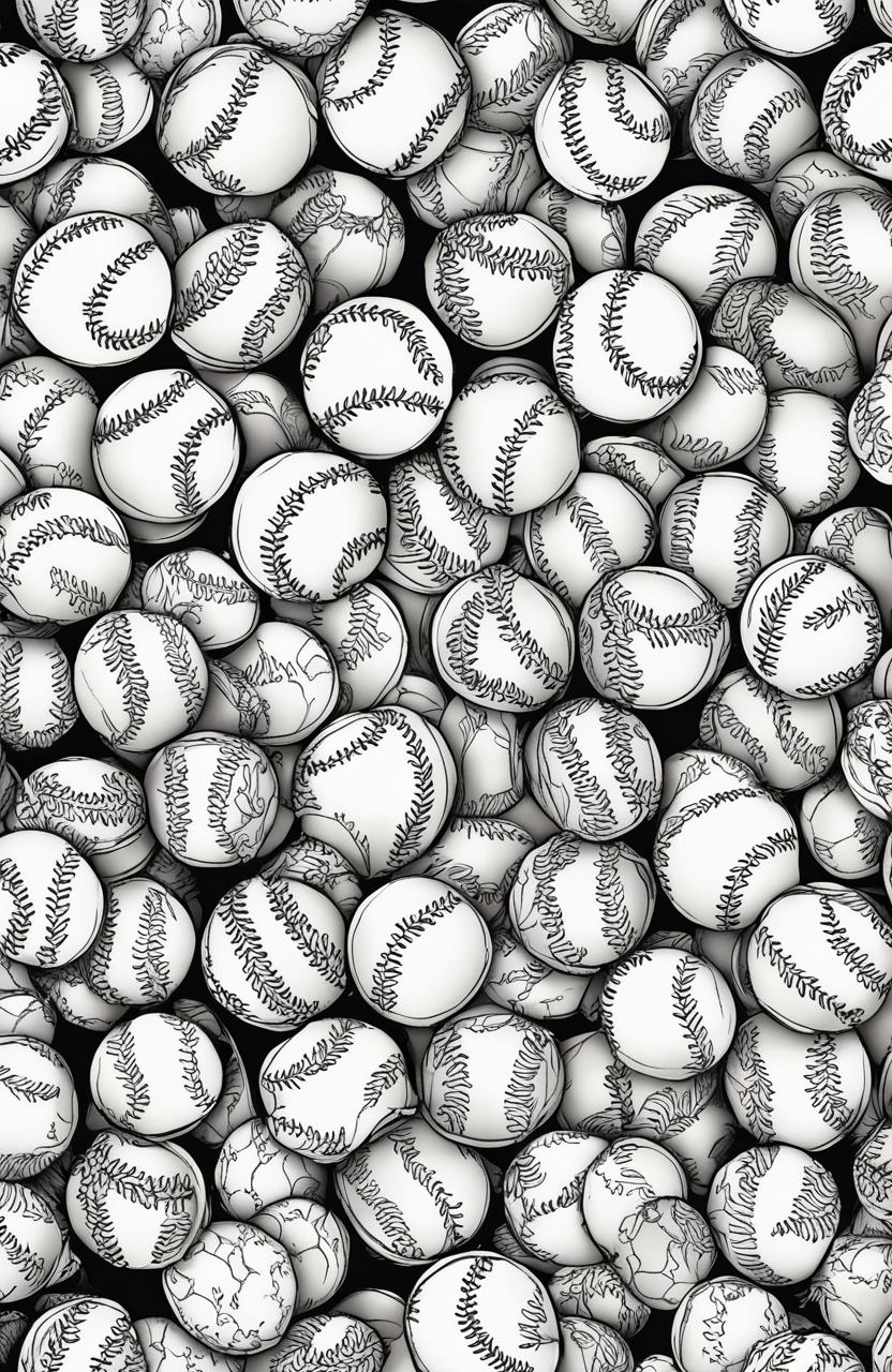 A colouring book page filled with a repeating pattern of detailed baseballs.