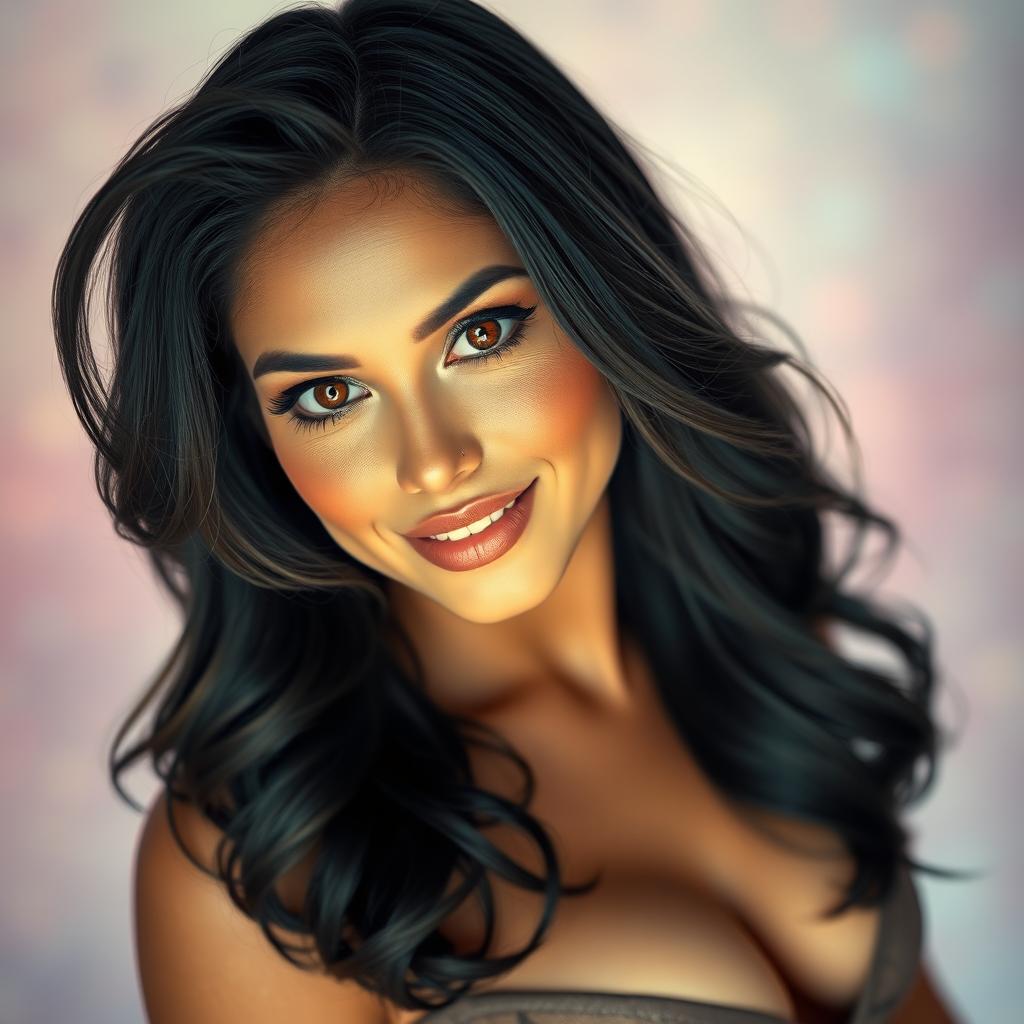 A captivating portrait of a stunning woman with long, flowing dark hair, captivating brown eyes, and an alluring smile, emphasizing her voluptuous figure