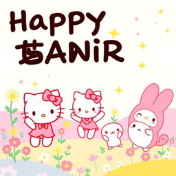 A whimsical Sanrio-themed banner, featuring beloved characters like Hello Kitty, My Melody, and Cinnamoroll engaging in cheerful activities