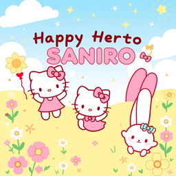 A whimsical Sanrio-themed banner, featuring beloved characters like Hello Kitty, My Melody, and Cinnamoroll engaging in cheerful activities