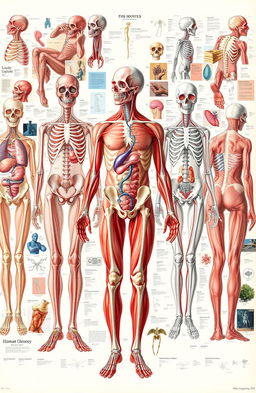 An extensive and artistic visual representation of human anatomy and physiology, featuring a collage of detailed images that include various systems of the body such as skeletal, muscular, circulatory, and nervous systems