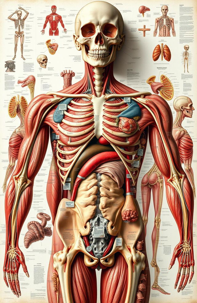 An extensive and artistic visual representation of human anatomy and physiology, featuring a collage of detailed images that include various systems of the body such as skeletal, muscular, circulatory, and nervous systems