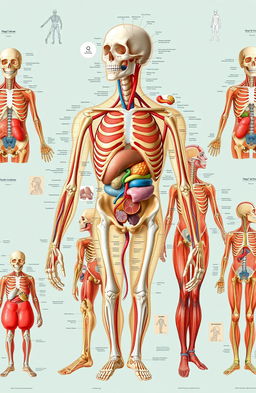 An extensive and artistic visual representation of human anatomy and physiology, featuring a collage of detailed images that include various systems of the body such as skeletal, muscular, circulatory, and nervous systems