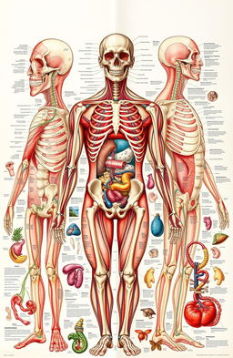 An extensive and artistic visual representation of human anatomy and physiology, featuring a collage of detailed images that include various systems of the body such as skeletal, muscular, circulatory, and nervous systems