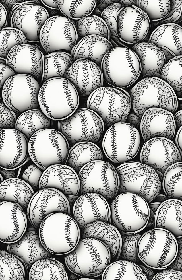 A colouring book page filled with a repeating pattern of detailed baseballs.