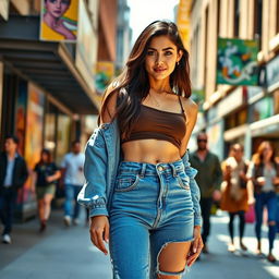 A stylish, confident young adult in a trendy urban environment, confidently showcasing their midriff with an exposed navel, wearing a fashionable crop top paired with high-waisted jeans