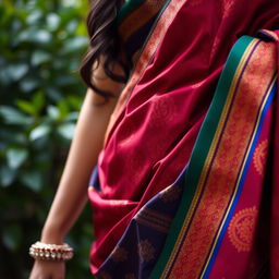 A stunning close-up of a traditional Indian saree draped elegantly around a woman's waist, showcasing intricate patterns and vibrant colors