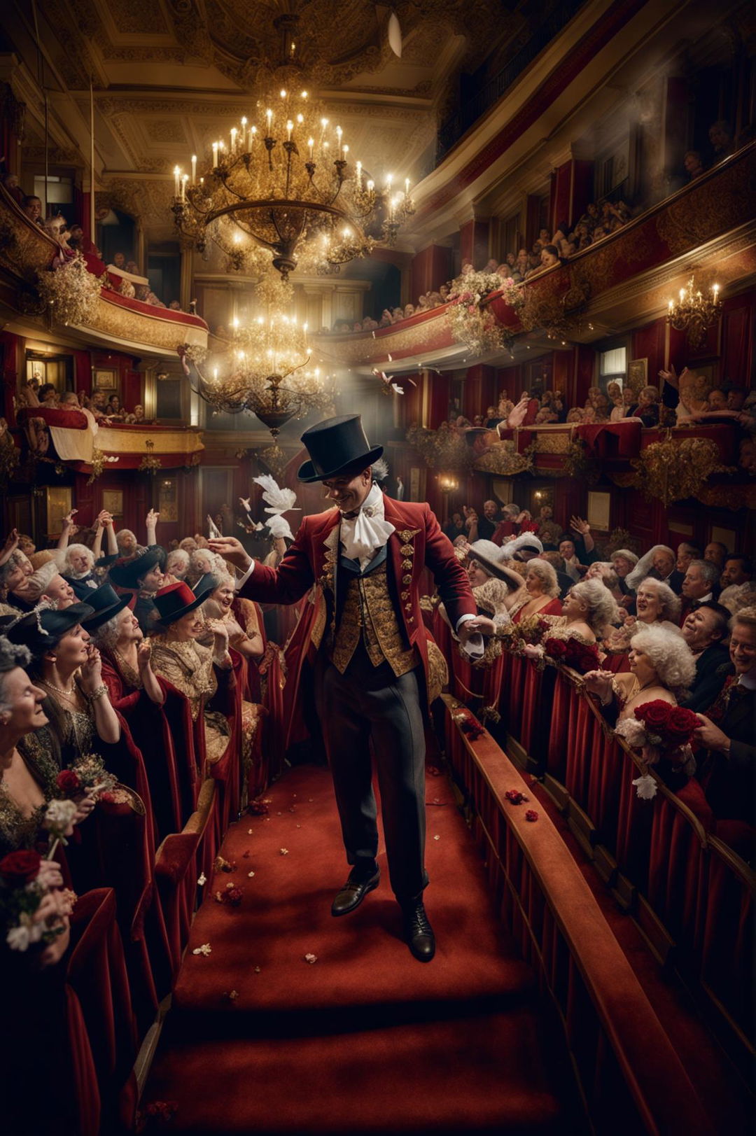 Wide-angle view of an 18th-century magician taking a bow on stage in a grand theatre, as the audience cheers and throws roses at his feet, under the glow of gaslight chandeliers