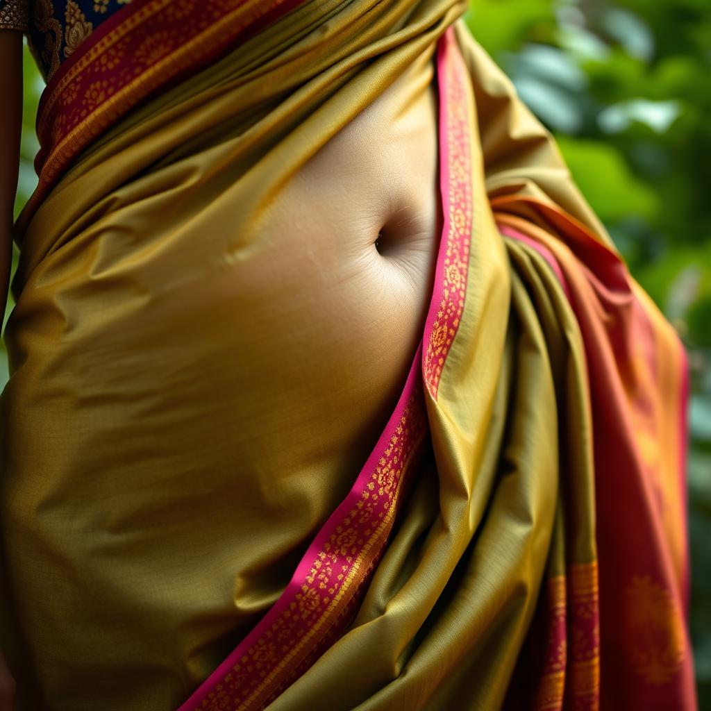 A stunning close-up of a traditional Indian saree draped elegantly around a woman's waist, showcasing intricate patterns and vibrant colors