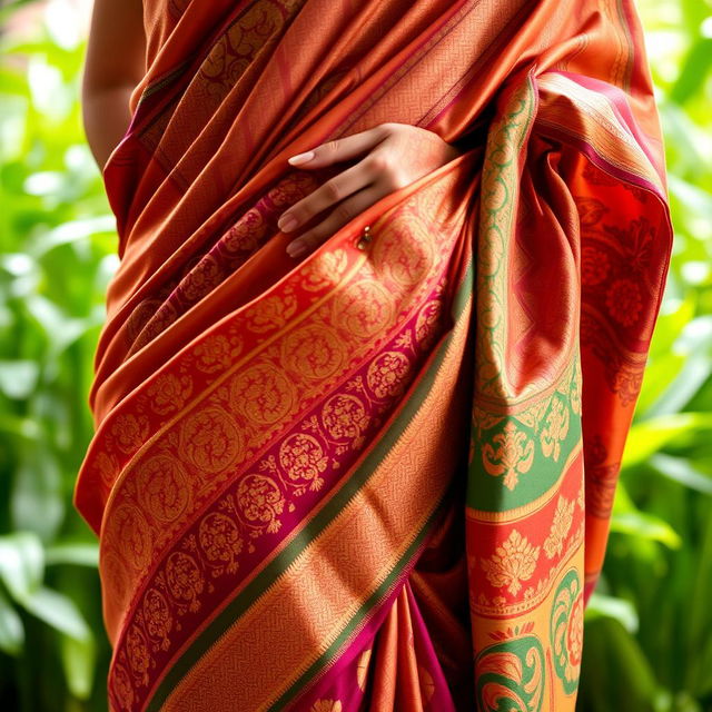 A stunning close-up of a traditional Indian saree draped elegantly around a woman's waist, showcasing intricate patterns and vibrant colors