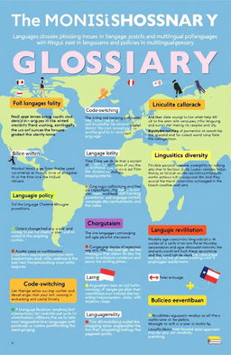 A detailed and visually appealing glossary illustration, focused on terms used in language programs and policies in multilingual societies