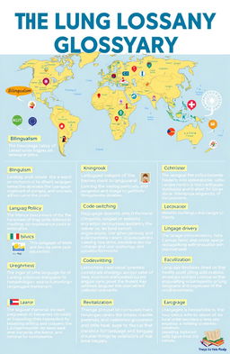 A detailed and visually appealing glossary illustration, focused on terms used in language programs and policies in multilingual societies