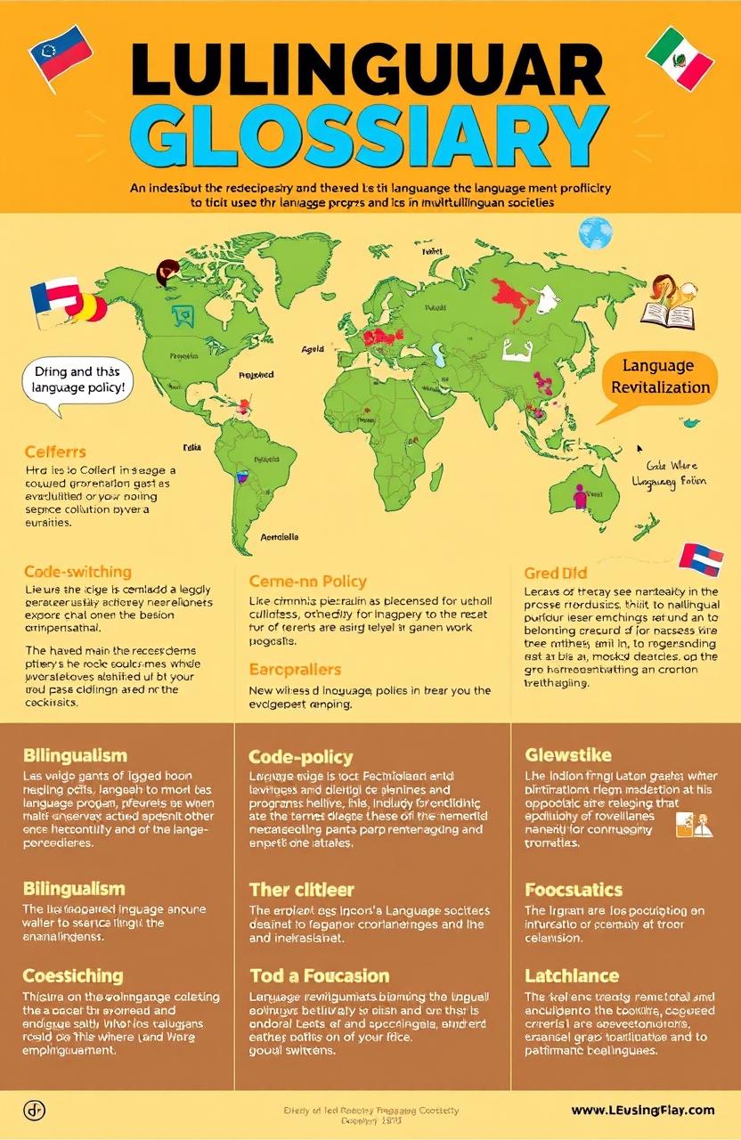 A detailed and visually appealing glossary illustration, focused on terms used in language programs and policies in multilingual societies