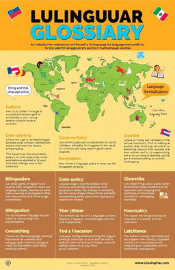 A detailed and visually appealing glossary illustration, focused on terms used in language programs and policies in multilingual societies