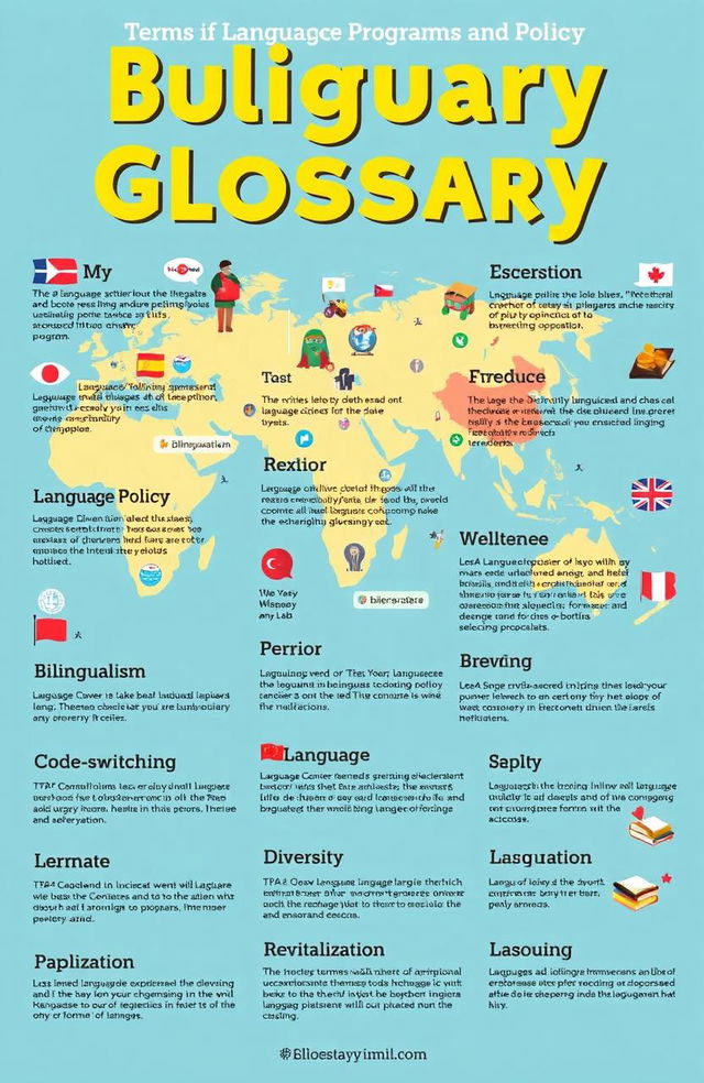 A detailed and visually appealing glossary illustration, focused on terms used in language programs and policies in multilingual societies