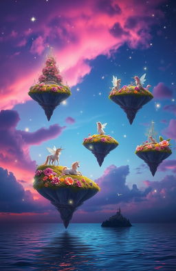 A surreal dreamscape filled with vibrant colors and whimsical elements, featuring floating islands in a twilight sky