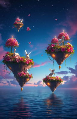 A surreal dreamscape filled with vibrant colors and whimsical elements, featuring floating islands in a twilight sky