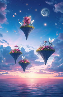 A surreal dreamscape filled with vibrant colors and whimsical elements, featuring floating islands in a twilight sky