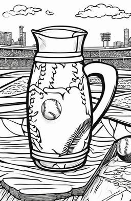 A colouring book page featuring a detailed baseball resting on a pitcher's mound.