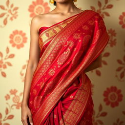 A beautifully draped saree highlighting the intricate patterns and textures of the fabric, with a focus on the navel area, elegantly exposed