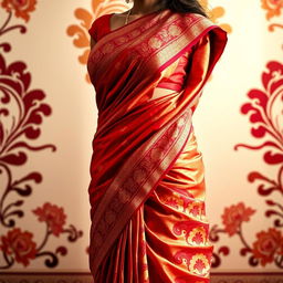 A beautifully draped saree highlighting the intricate patterns and textures of the fabric, with a focus on the navel area, elegantly exposed