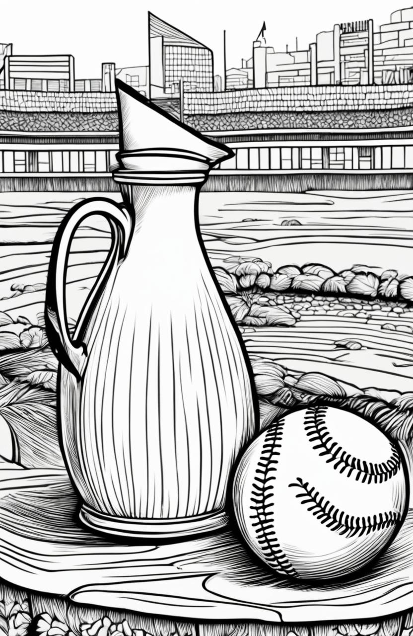 A colouring book page featuring a detailed baseball resting on a pitcher's mound.