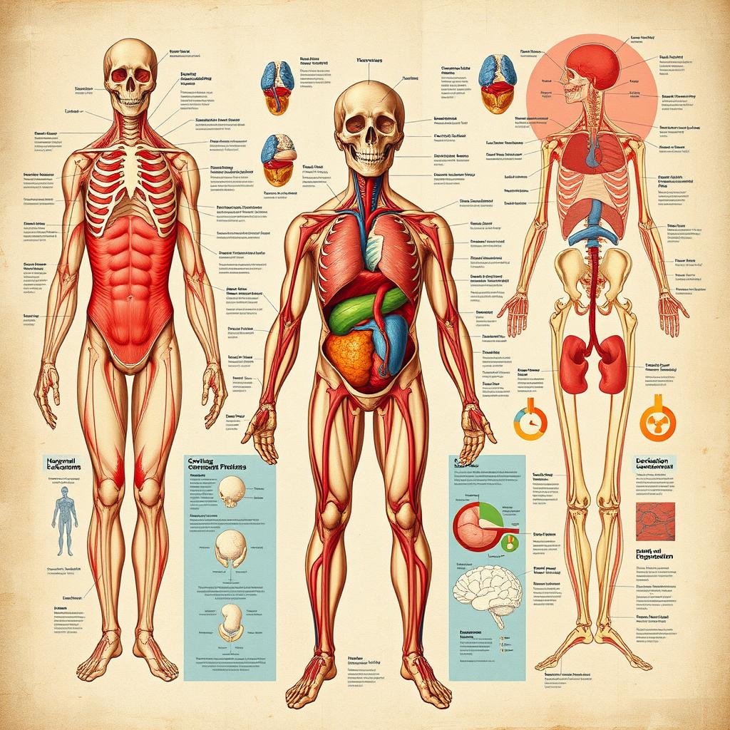 A comprehensive and visually engaging presentation of human anatomy and physiology, showcasing various systems like muscular, skeletal, circulatory, and nervous systems