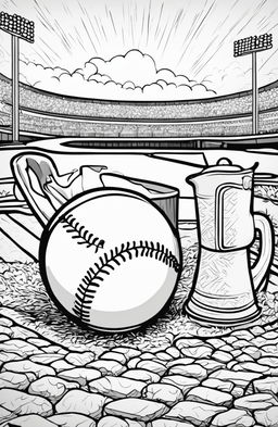 A colouring book page featuring a detailed baseball resting on a pitcher's mound.