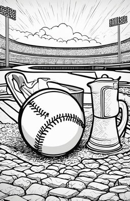 A colouring book page featuring a detailed baseball resting on a pitcher's mound.