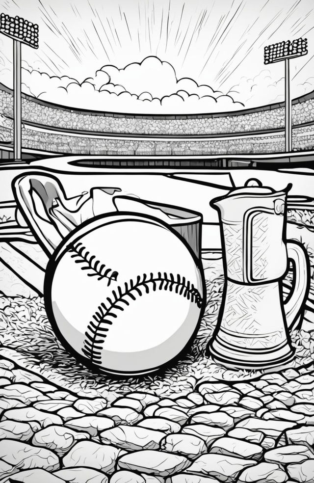 A colouring book page featuring a detailed baseball resting on a pitcher's mound.