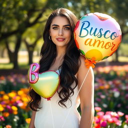 A 35-year-old woman standing in a full-body pose in a beautiful natural setting, such as a sunny park or a vibrant flower field