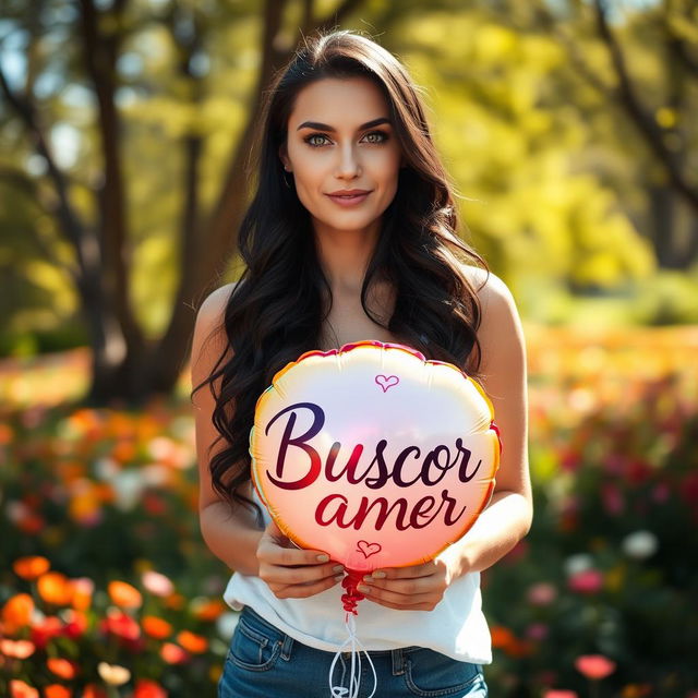 A 35-year-old woman standing in a full-body pose in a beautiful natural setting, such as a sunny park or a vibrant flower field