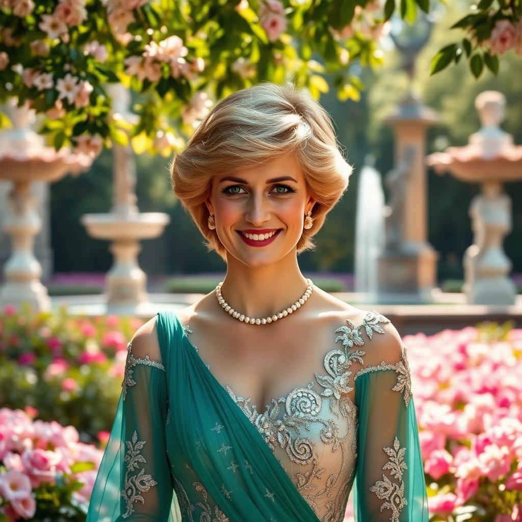 A regal portrait of Princess Diana, dressed in an elegant royal gown with intricate beadwork, featuring her signature short hair and warm smile