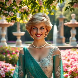 A regal portrait of Princess Diana, dressed in an elegant royal gown with intricate beadwork, featuring her signature short hair and warm smile