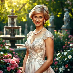 A regal portrait of Princess Diana, dressed in an elegant royal gown with intricate beadwork, featuring her signature short hair and warm smile
