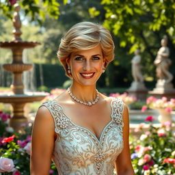 A regal portrait of Princess Diana, dressed in an elegant royal gown with intricate beadwork, featuring her signature short hair and warm smile