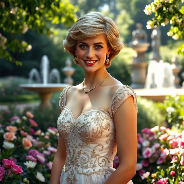 A regal portrait of Princess Diana, dressed in an elegant royal gown with intricate beadwork, featuring her signature short hair and warm smile