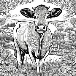 Colouring book page featuring an intricately detailed black and white cow in a pastoral scene.