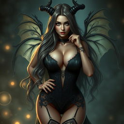 A captivating and alluring busty succubus with long flowing hair and mesmerizing eyes, dressed in a dark, seductive outfit that accentuates her curves